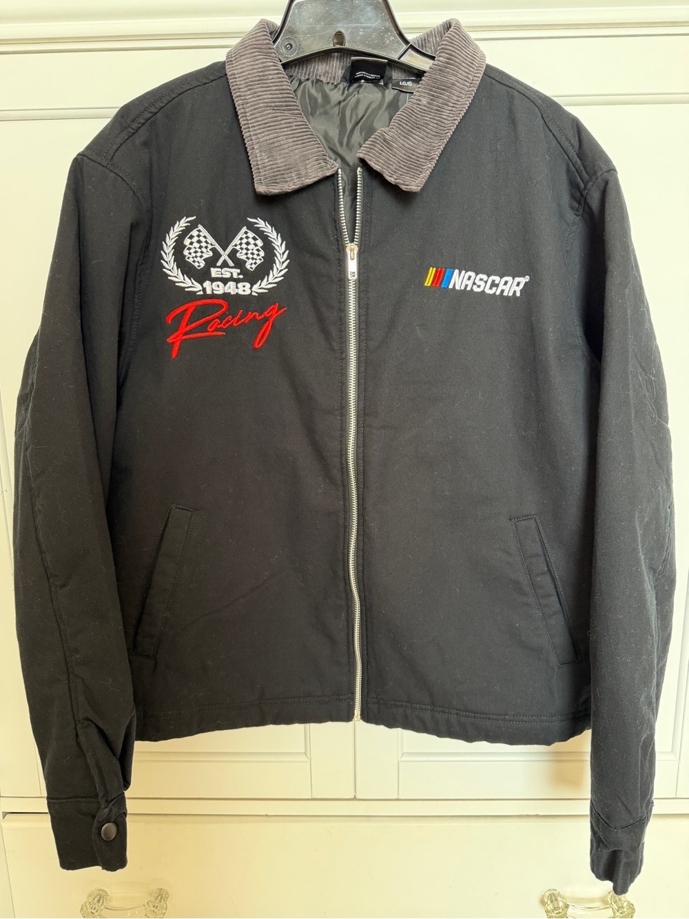 Nascar Black Racing Zip Jacket with Corduroy Collar NWT L